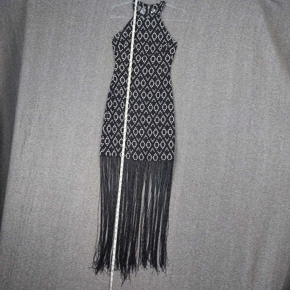 H&M COACHELLA WOMENS BLACK WHITE GEOMETRIC LONG FRINGE FESTIVAL DRESS SIZE 2 - Picture 8 of 12